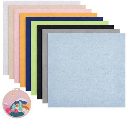 BENECREAT Lot de 18 feuilles de tissu carré à broder en lin, 9 couleurs, 25 x 25 cm, tissu à broder pour vêtements, loisirs créatifs, accessoires, 2 feuilles/couleur
