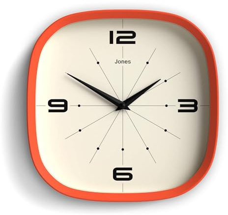 Jones Clocks® Pulsar orologio da parete | Orologio retrò quadrato arrotondato | 25 cm | Arancione | Fantastico look di design per cucina, soggiorno o ufficio