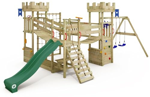 Torre giochi castello WICKEY Smart Arch con altalena e scivolo verde, torre giochi per bambini all'aperto con area a sabbia, scala e accessori da gioco per il giardino