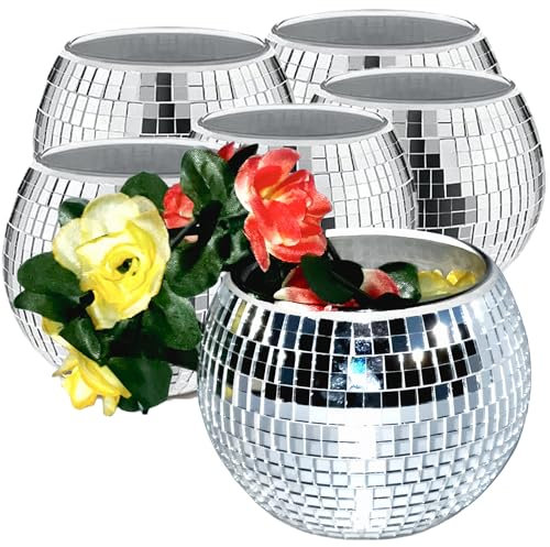 ROSEONE 6 Stück Discokugel Blumentopf,Klein Discokugel Vase,Discokugel Pflanztöpfe,Spiegelkugel Pflanzgefäß,Glas Disco Kugel Übertöpfe Discokugel Deko für Party Büro,Küche (Silber, 3 * 4 * 4 Zoll)