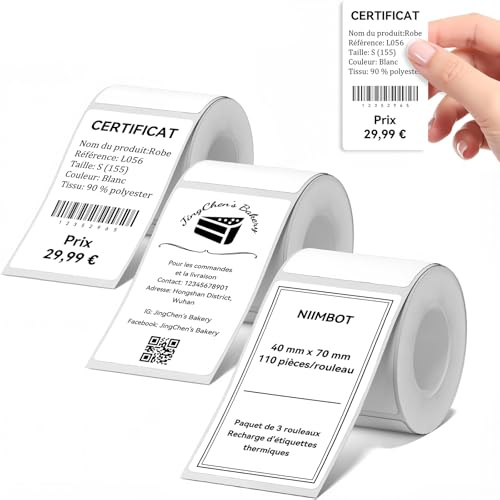 Étiquettes NIIMBOT 40×70mm blanc, 3 rouleaux Pour B1 B21 B3S B31 B4 K4 | Étiquettes prix, étiquettes vêtements, étiquettes cadeaux flacons de crème et parfums rangement fournitures