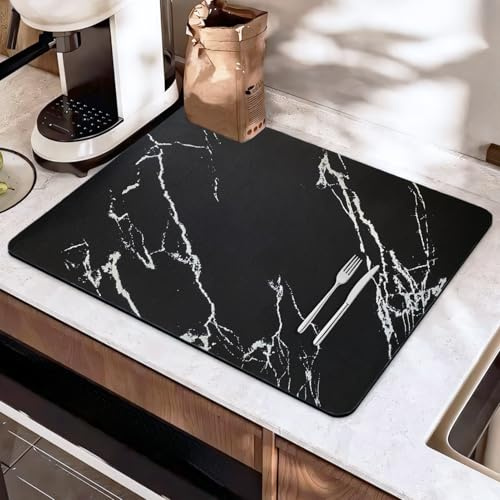 SOQKEEN Tappetino Macchina Caffè 30x40cm Marmo Nero, Antiscivolo, Assorbente, Pieghevole per Piano Cucina