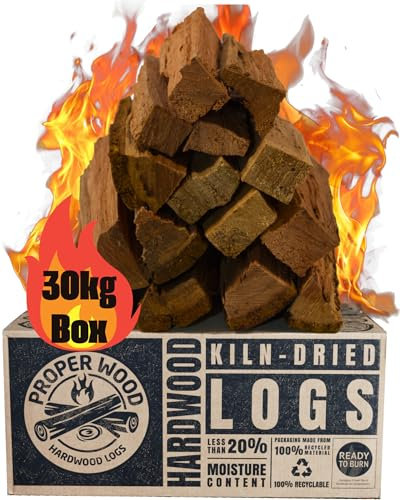 Kiln Dried Hardwood Firewood Logs - Proper Wood 30kg Box. Certified 'Ready to Burn', Low Moisture, Long Lasting Heat & Minimal Smoke. Indoor Fireplaces, Stoves Or Outdoor Fire Pit, Pizza Oven & BBQ
