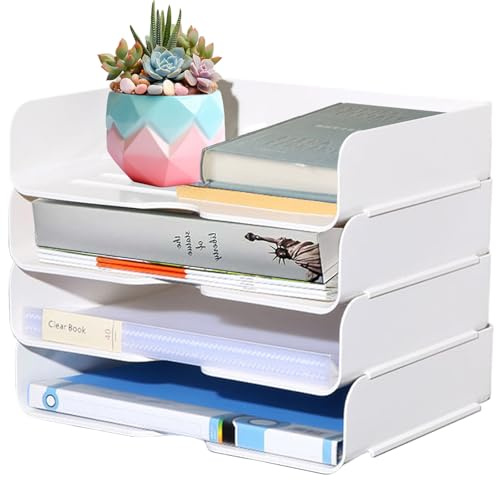 4 Pezzi 4 Livelli Vassoi Carta Impilabili, Vassoio Forniture Scrivania, Porta Supporti Lettere Plastica PET, Organizer Accessori Desktop Ufficio per Carta A4, Documenti, Riviste, Cartelle(Bianco)
