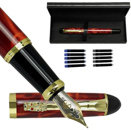 YUN CHUN Red Dragon Fountain Pen for Writing, Refillable Luxury Metal Pens, Fancy Ink Pen with 5 Black and 5 Blue Ink Refills, Gift Sets for Men and Women, Business Writing Pen with Marble Grain