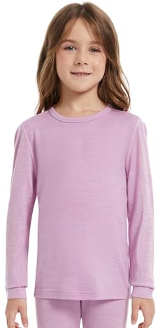 woolcano Camiseta térmica infantil unisex, 100% lana merino, camiseta de manga larga para niños y niñas, ropa interior de esquí de invierno, suave y cálida, morado, 9-10 años
