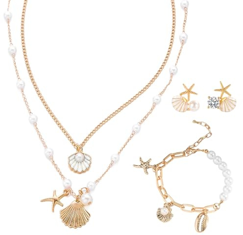 Byfoyif Bijoux Coquillage Femme, Collier Breloque Femme + Bracelet Coquillage Fille + Boucles d'Oreilles Coquillages et Étoile de Mer, Collier Bohème Sirène avec Pendentif, pour Costume Fête Été