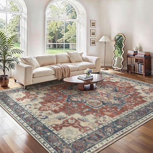 GENIMO Vintage Teppich 200x290cm, Extra Große Teppiche, Wohnzimmer Teppiche, Boho Teppich, Großer Carpet rutschfest, Schlafzimmer, Esszimmer, Büro, Rot