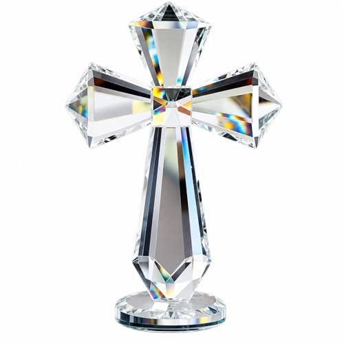 HQAYHSZD 6 Inch Hand Carved K9 Crystal Cross – 360° Full Cut Desk Decor, Christian Spiritual Gift for Baptism, Wedding, Christmas, Inspirational Home Altar and Office Decoration