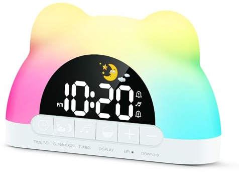 beautiebeam Kinderwecker, Kleiner Bär Wecker für Kinder, schlaftrainer für Kleinkinder mit 11 Farben Nachtlicht für Schlafzimmer, Soundmaschine, Geburtstagsgeschenk für Jungen Mädchen Kinder