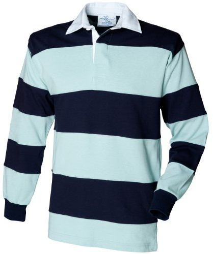 Front Row Sewn Stripe Long Sleeve Sports Rugby Polo Shirt (XL) (Duck Egg/Navy)
