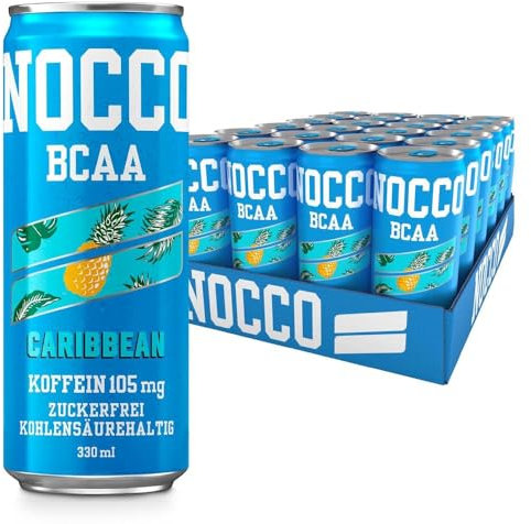 NOCCO BCAA energy drink 24er pack – zuckerfrei, vegan Energy Getränk mit Koffein, Vitaminen und Aminosäuren – Caribbean Ananas, 24 x 330ml inkl. Pfand (Caribbean)