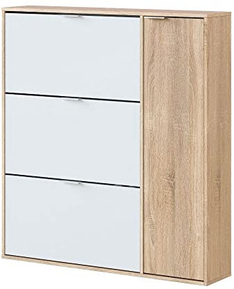 Mobelcenter, Mueble Zapatero Class 4 Puertas, Color Blanco y Roble Canadian, Capacidad hasta 30 Pares de Zapatos, Medidas: Ancho: 106 cm x Fondo: 22 cm x Alto: 115 cm, (1267)