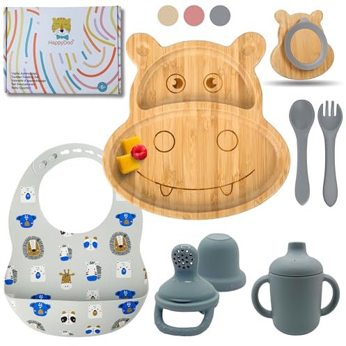 HappyDoo | Baby Geschirrset | 9 Stücke | Bambus Teller Baby | Baby Geschirrset mit Saugnapf | Baby Geschirr | BPA FREE | Fruchtsauger Baby Geschenk | Babygeschirr Set | Im Geschenkkarton