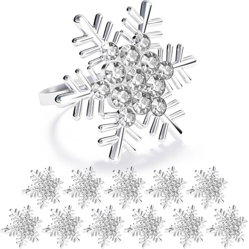 ZeeDix Set of 12 Sliver Snowflake Christmas Napkin Rings for Dinning Table Setting- Rustic Dinner Tables Setting Decoration for Wedding Receptions, Christmas, Thanksgiving Holiday Party Dinner Parties