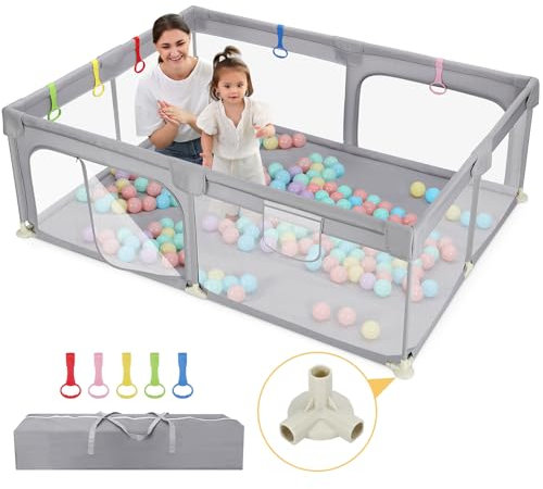 Dripex Laufstall Baby 150x200cm, Laufgitter Baby, Laufstall mit atmungsaktivem Netz, Laufgitter 300D Oxford Gewebe, Playpen, kinderlaufstall, Große Sicherheitsspielplatz, Grau
