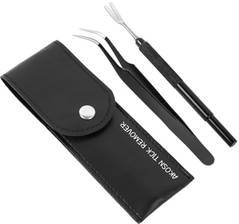 AKOSN Premium Tick Removal Tool - Stainless Steel Tick & Flea Remover for Pets Dogs Cats Humans -Safe Tick Control Puller &Precision Fine Point Tweezers to Completed Remove Ticks, 1 Set