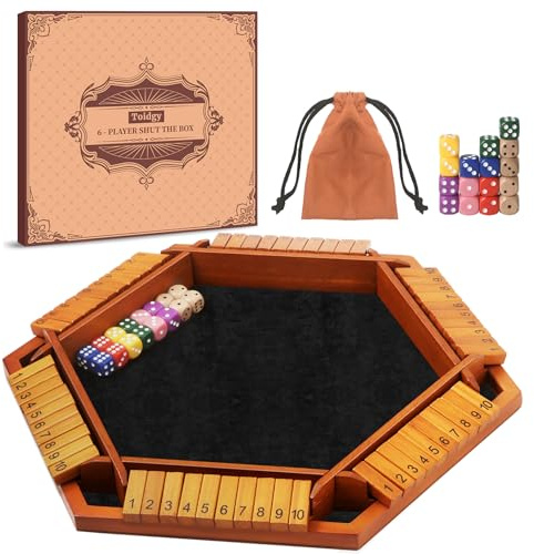 Toidgy 1-6 Players Shut The Box Dice Games, Wooden Board Table Math Game with 16 Dice and Instructions, Classics Close The Box Board Game for Adults Kids, Family Classroom Home or Bar