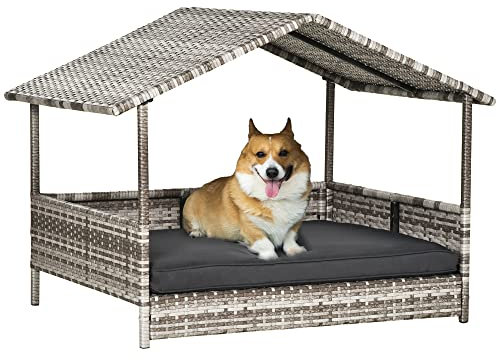 PawHut Rattan Hundeliege Outdoor mit Dach, Erhöhtes Hundebett für kleine und mittelgroße Hunde, Kühlendes Haustierliege mit Metallrahmen, Kissen für Draußen, 69 x 98 x 70 cm, Grau