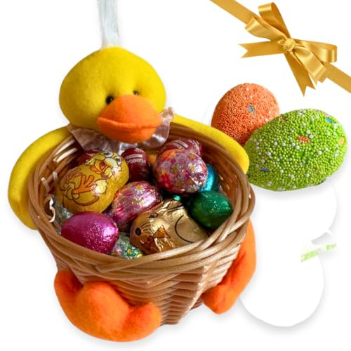 Huevos de Pascua 2024 - Tarro de Pascua Pato 15 cm + Huevos de Chocolate 200gr Sabores Surtidos + Cesta de Pascua de Mimbre - Caja Regalo Incluida