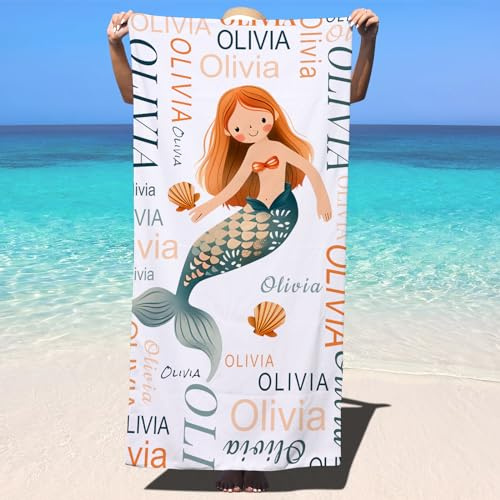 SearchI Personalised Beach Towel with Name 152x76cm,Custom Bath Towels with Name for Swimming Pool Bathroom Camping Travel,Quick Dry Microfiber Beach Towel for Adults Kids Lovers Birthday-Mermaid