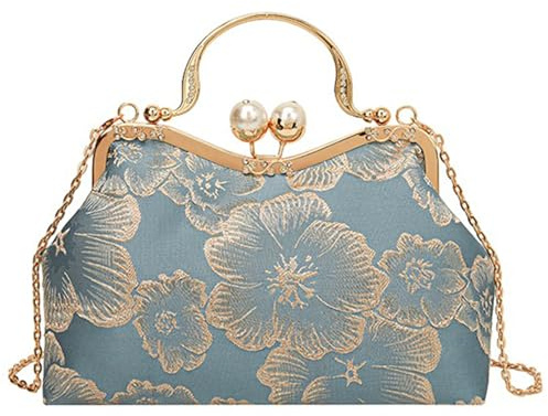 YYW Evening Clutch Women Floral Pearl Bridal Vintage Crossbody Light Blue | Floral Design, Pearl Detail, Vintage Style, Glitter Finish, Suitable For Wedding Party