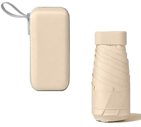 Kiuiom Kompakter Regenschirm,Faltbarer Reiseschirm, Windfest UV Schutz Ultraleicht 6 Rippen Faltbar Robust Mini Umbrella für Sonne und Regen Herren und Damen (Beige)
