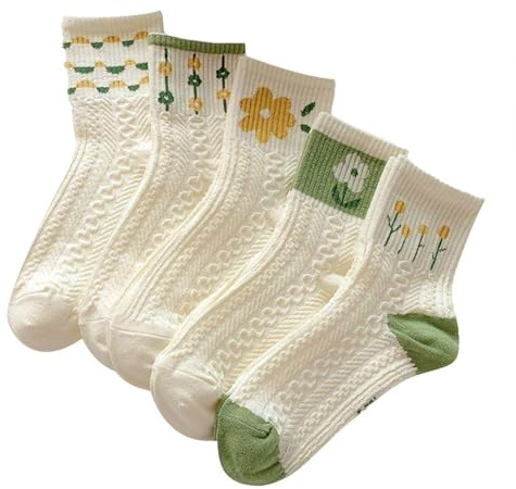 CWPFVQA 5 par damstrumpor med blommönster, damstrumpor i mitten av vaden, söta strumpor, slitstarka strumpor, fashionabla strumpor, elastiska och mjuka strumpor, klädtillbehör