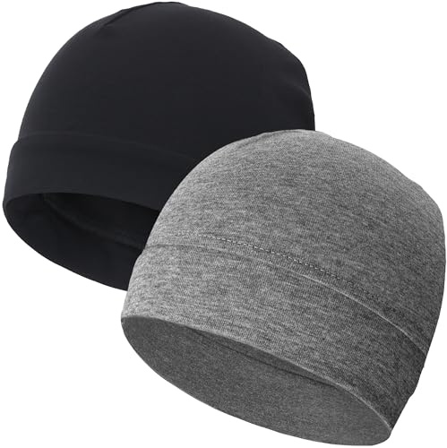 vidsel Bonnet de nuit respirant 100 % coton pour homme et femme - Doux et léger - Doublure de casque de course, 2 noir et gris clair, Taille unique