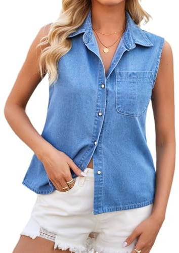 MINTLIMIT Womens Denim Shirt Sleeveless Button Down Shirt Casual Lightweight Jean Shirt Jacket Vintage Denim Blouses Tops with Pocket, Blue