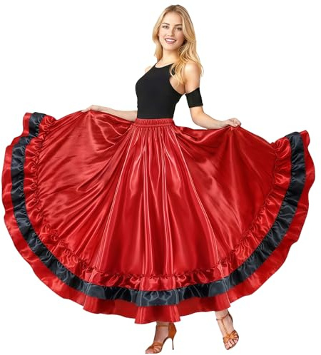 Baisdan Jupe Danse Orientale en Satin pour Femme, Jupe Flamenco Multicouches avec Volants, Idéale pour Danse du Ventre et Spectacles Orientale Rouge