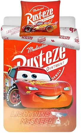 Parure de lit Disney Cars pour lit Junior | Housse de Couette 100x135 cm & taie d’Oreiller 40x60 cm, 100% Coton | Douce & Respirante | Literie Lightning McQueen pour Enfants | Lit bébé/Junior