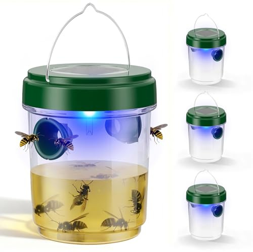 4 Packs Wasp Traps Outdoor Hanging, 2026 New Upgrade Wasp & Hornet Trap Yellow Jacket Catcher with LED Light, Solar Powered Carpenter Bee Traps for Outside Garden, Patio, Backyard, Camping