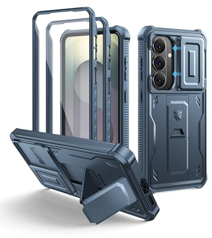 Dexnor pour Coque Samsung Galaxy S26【Double Cadre Avant et Support】 avec CaméRa Coulissante Intégrée & Protecteur d'écran, Coque de Protection Robuste Résistante Aux Chocs - Bleu Marine