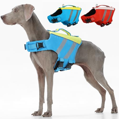 Kuoser Dog Life Jacket, High Flotation Dog Life Vest for Swimming & Boating, Adjustable Dogs Swim Vest with Rescue Handle, XS-XXL Reflective High Visibility Lifejacket for Small Medium Large Dogs