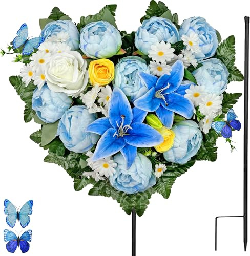Naramiji Artificial Cemetery Flowers, Grave Memorial Flowers with Ground Spike,Heart Shaped Wreaths of Peony Lily Rose Daisy for Gravesites Decoration（Blue/White