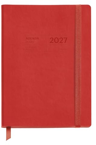 Miquelrius - Skolkalender 18 månader 2026 2027 Vecka Vista, Röd | 18 månader, 14 × 19 cm, innerficka, bokmärken och klistermärken, sytt överdrag i läderi, gummistängning, spansk EN-PT