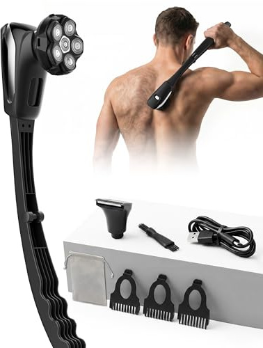 VIKICON Back Shavers for Men Electric, Foldable Handle Back Hair Remover | Self Shaving, 6D Floating Head Body Shaver, Waterproof Body Hair Trimmer and Groomer for Hard-to-Reach Areas, Silver