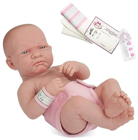 JC Toys La 18501 Poupée en Vinyle pour Nouveau-né avec Tenue et Couverture Blanc/Rose avec ami Animal et Accessoires, première Fille véritable, 35,6 cm