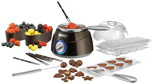 Unold 48667 Chocolatier, Schokobrunnen, Schokofondue Inkl. 6 Gießformen, 25 W, 2 Heizstufen, zum Schmelzen von Kuvertüre, Pralinenherstellung, Warmhalten (braun/silber)