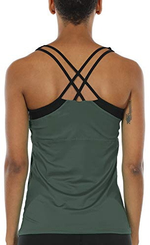 icyzone Top de Yoga para Mujer con Sujetador Integrado y Espalda de Tirantes Cruzados