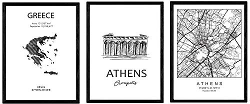 Nacnic Pack de posters de paises y monumentos. Atenas mapa de la ciudad, monumento Acropolis y mapa Grecia. Tamaño A4