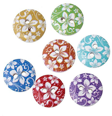 SiAura Material - 100 Stück Runde Holzknöpfe 15 mm, Bunt gemischt mit Blumen Muster, 2 Löcher Zweiloch I Zum Nähen, Basteln und Dekorieren