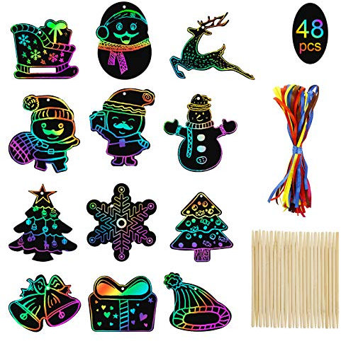 MELLIEX 48 Stück kratzbilder für kinder, Weihnachten Kratzpapier Regenbogen Scratch Art mit 48 Bändern und 20 Holzstiften für Kinder Basteln, Weihnachtsan Geschenkan, Weihnachtsbaumschmuck