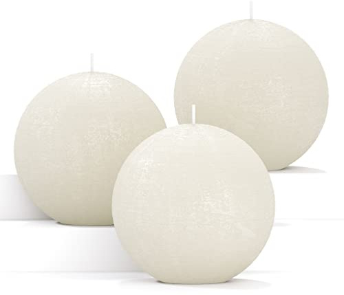 CANDWAX Set of 3 Round Ball Candles 3 inch - Perfect as Wedding Decoration and as Spheres for Home Decor - Unscented Smokeless Dripless Long Burning Ivory Candles