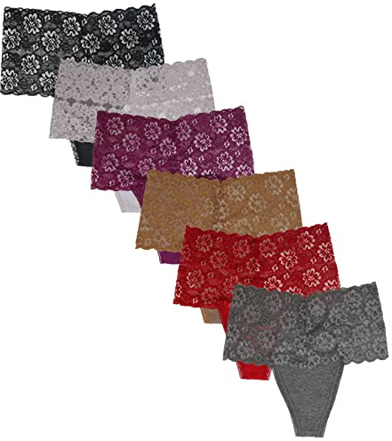 Deigecil High Waisted Lace Cotton Thong Panties C-Section Recovery Maternity Panties mom pouch Retro thongs Plus Size Pack Of 6