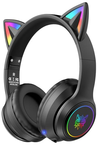 ONITOON Cat Ear Bluetooth Headphones for Kids & Adults, 55H Play Time, Wireless Foldable & Wired Multi-Function LED Light Up Over Ear Headphones with Mic and Volume Control for iPhone/iPad/Laptop/PC