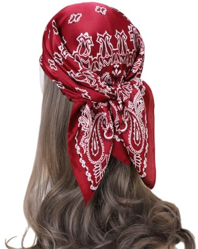 FAIRYGATE Satin Bandana Women Scarf Neck Head Hair Square Scarves Neckerchief Headwear Fashion Paisley Bandanas Red and White