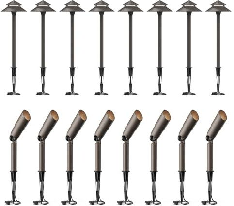 GOODSMANN Landscape Lighting Low Voltage Path Lights 8PK 3W 180 Lumen Pathway Lights with 8PK Spotlight 20W Halogen 176 Lumens with Metal Stake Cable Connector