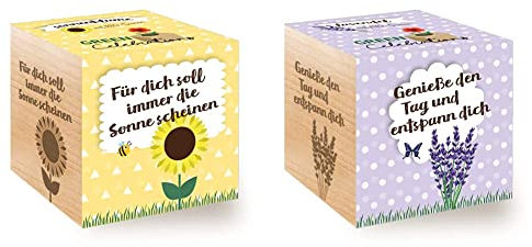 Feel Green Celebrations Ecocube, Semi di Girasole bio, cubo di Legno con Incisione Laser für Dich Soll Immer Die Sonne Scheinen & Celebrations Ecocube, Semi biologici di Lavanda